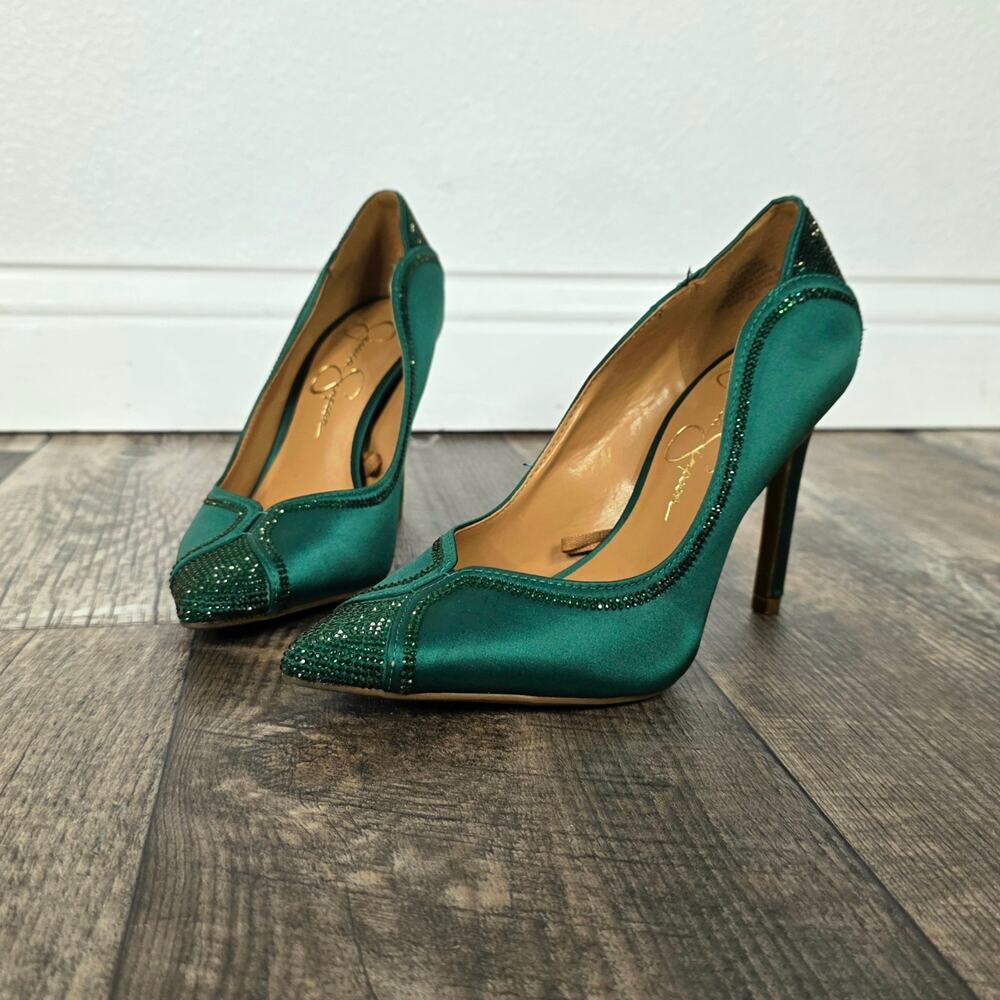 Jessica Simpson Emerald Satin Rhinestone Heels Y2K Glam Size 5.5
